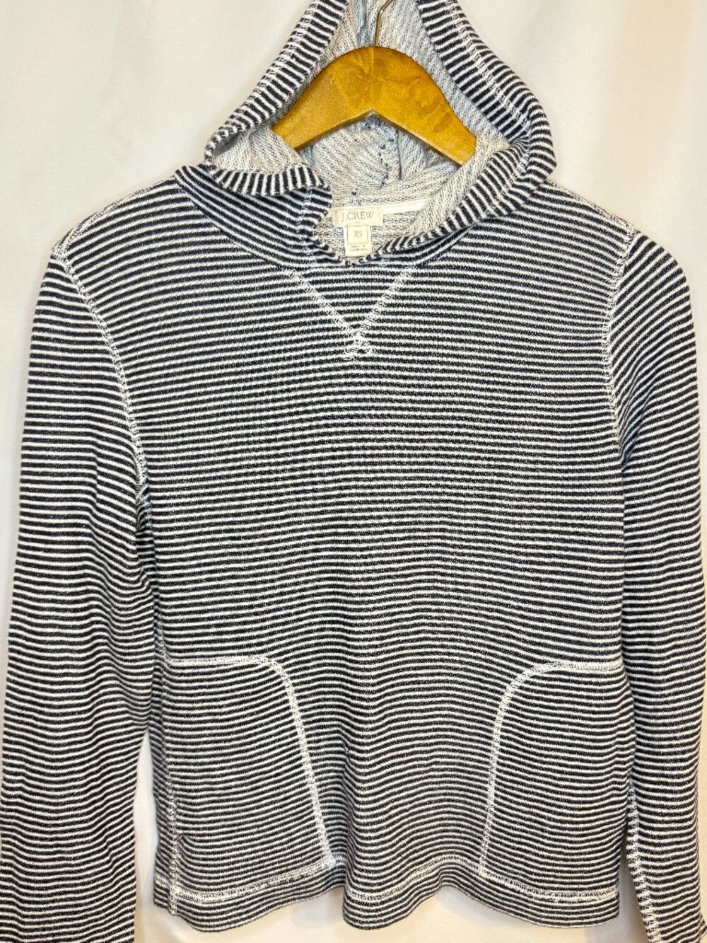 J.Crew Women's Striped Hoodie XS Navy White French Terry Pullover Sweatshirt